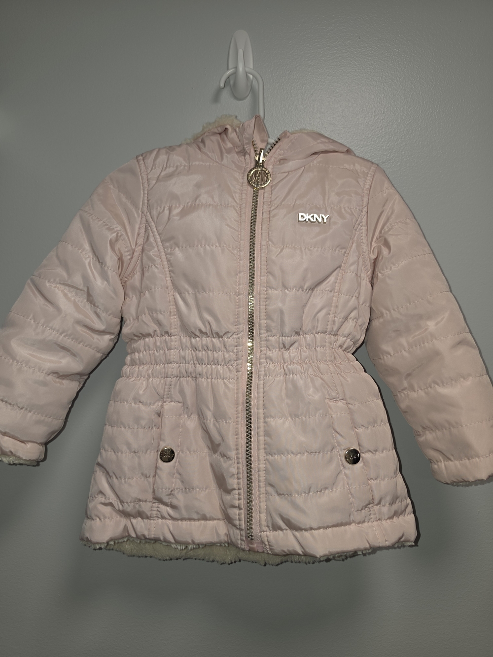 DKNY Girls' Pale Pink Reversible Quilted Hooded Puffer Jacket